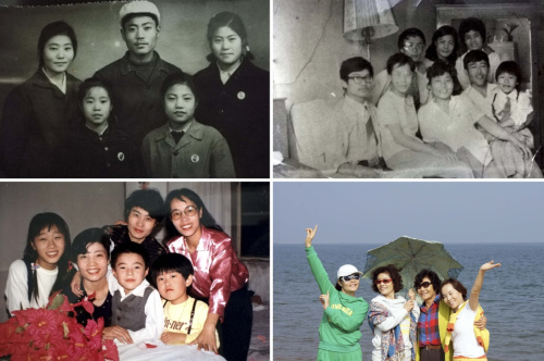 1968年，董惠娟（左上圖，前排右）和二哥及姐妹們的合影，其二哥在唐山地震中遇難；1984年，董惠娟（右上圖，后排右二）和親人在簡易棚里合影；1989年，董惠娟（左下圖，前排左二）和親人合影；2013年，董惠娟（右下圖，左一）和姐妹們在北戴河旅游時合影（拼版照片）。新華社發